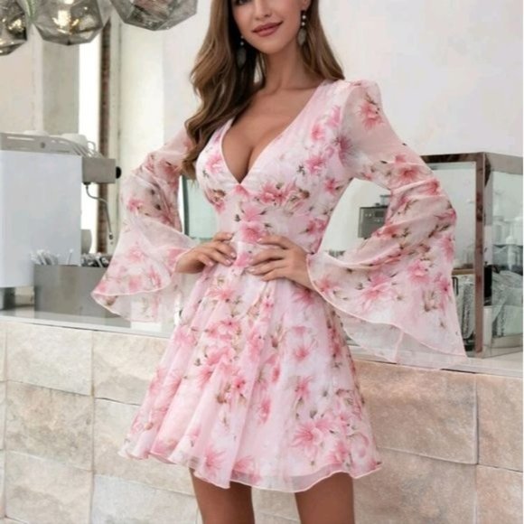 PINK ELEGANT FLORAL FIT AND FLARE DRESS - Picture 4 of 8